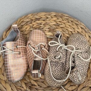 Piper Finn Shoes LOW TOP OXFORDS HARD SOLE Rose Gold Metallic Dot Tan